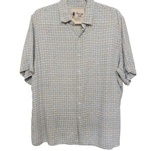 Vintage Silk Button Up Shirt Mens XL Blue Geometric Silk Blend Short Sleeve